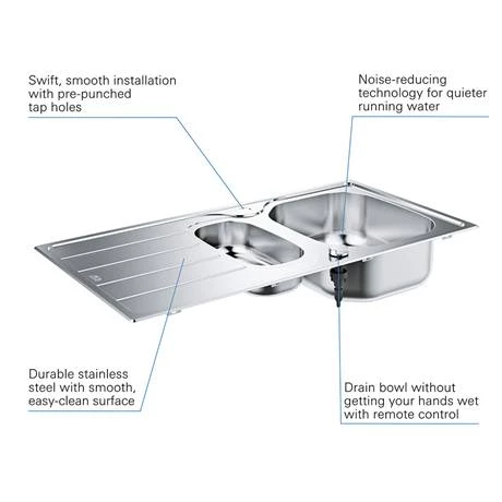 Grohe K200 1.5 Bowl Stainless Steel Kitchen Sink - 31564SD1 2 Grohe K200 1.5 Bowl Stainless Steel Kitchen Sink - 31564SD1 - Image 2