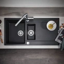 Grohe K500 1.5 Bowl Composite Quartz Kitchen Sink with Drainer - Black - 31646AP0 7 Grohe K500 1.5 Bowl Composite Quartz Kitchen Sink with Drainer - Black - 31646AP0 -Kitchen Sinks Shop 31646AP0 D3 460