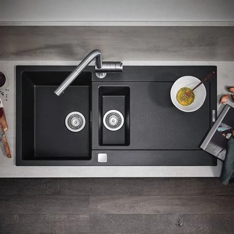 Grohe K500 1.5 Bowl Composite Quartz Kitchen Sink with Drainer - Black - 31646AP0 4 Grohe K500 1.5 Bowl Composite Quartz Kitchen Sink with Drainer - Black - 31646AP0 - Image 4