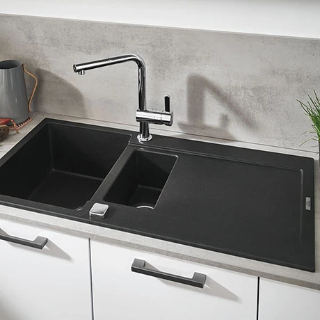 Grohe K500 1.5 Bowl Composite Quartz Kitchen Sink with Drainer - Black - 31646AP0 1 Grohe K500 1.5 Bowl Composite Quartz Kitchen Sink with Drainer - Black - 31646AP0