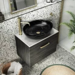 Arezzo 520 x 395mm Curved Oval Counter Top Basin - Matt Black Marble Effect -Kitchen Sinks Shop AZ78166 d5 460