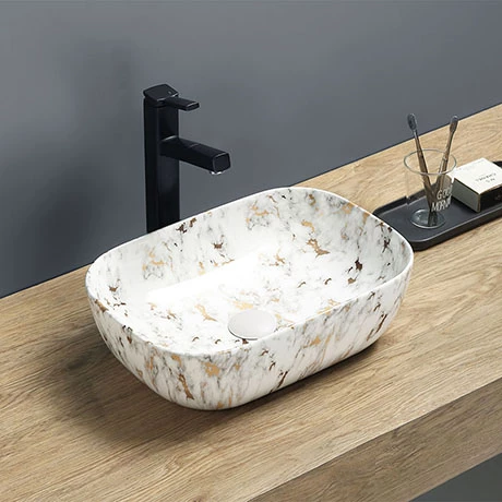 Arezzo 460 x 330mm Rectangular Countertop Basin - White & Gold Marble Effect 1 Arezzo 460 x 330mm Rectangular Countertop Basin - White & Gold Marble Effect