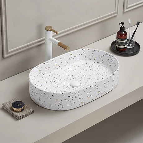 Arezzo 600 x 380mm White Terrazzo Effect Oval Countertop Basin 1 Arezzo 600 x 380mm White Terrazzo Effect Oval Countertop Basin