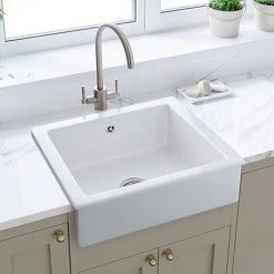 Rangemaster Hartland Belfast White Ceramic Kitchen Sink inc. Basket Strainer Waste