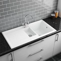 Reginox White Ceramic 1.5 Bowl Kitchen Sink - RL301CW