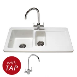 Reginox Contemporary White Ceramic 1.5 Bowl Kitchen Sink RL501CW + Tap