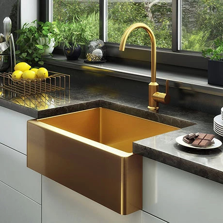 Venice Brushed Gold Belfast Stainless Steel Kitchen Sink + Waste 1 Venice Brushed Gold Belfast Stainless Steel Kitchen Sink + Waste