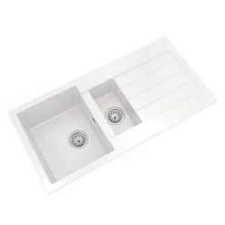 Venice 1.5 Bowl Matt White Composite Kitchen Sink + Chrome Wastes -Kitchen Sinks Shop VSNK102 D2 460