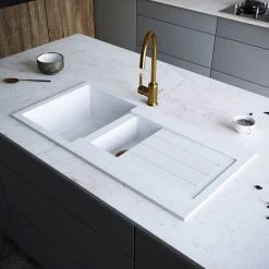 Venice 1.5 Bowl Matt White Composite Kitchen Sink + Chrome Wastes -Kitchen Sinks Shop VSNK102 D4 460