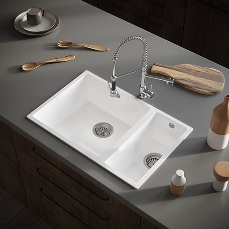 Venice 1.5 Bowl Gloss White Composite Kitchen Sink + Chrome Wastes 1 Venice 1.5 Bowl Gloss White Composite Kitchen Sink + Chrome Wastes